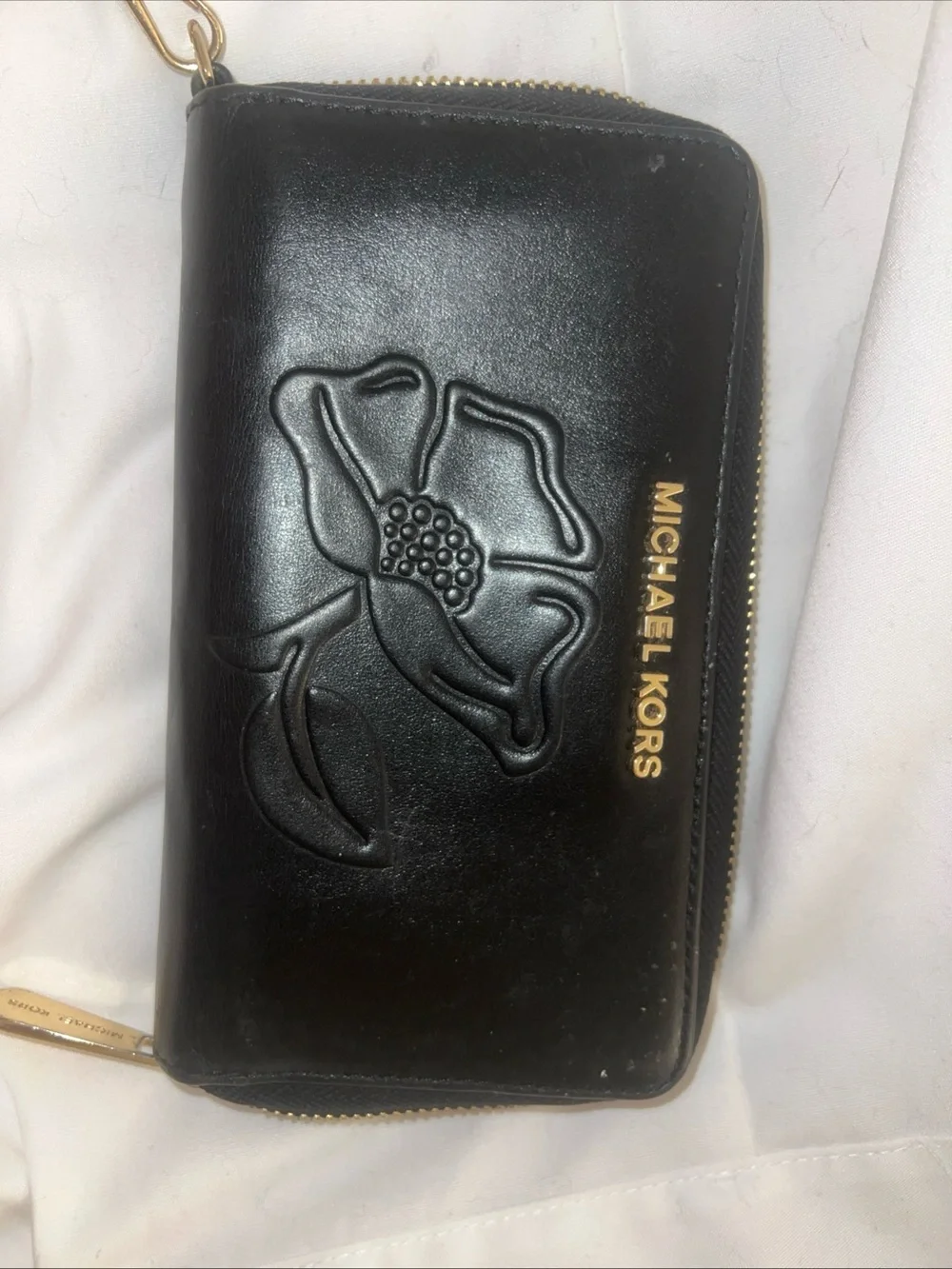 Michael Kors Black Leather Floral Embossed Zip Wallet with Gold Hardware
